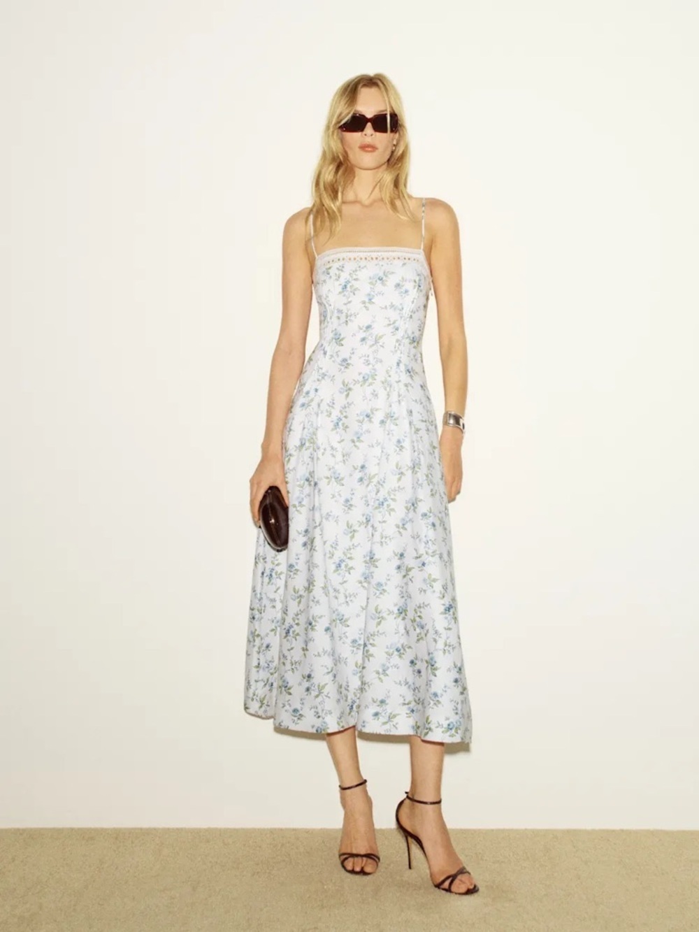 NEW Reformation Pomona Linen Lace Trim Midi Dress Nostalgia Floral | US 2 UK 6